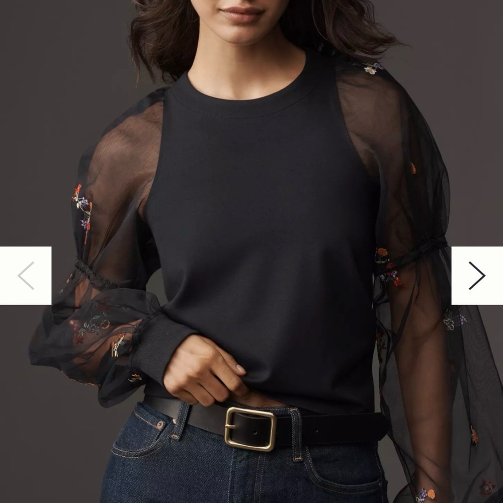 NWT Maeve Anthropologie Embroidered Sheer-Sleeve Pullover - Medium, Black